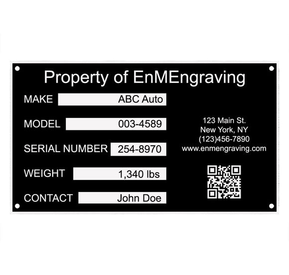 Outdoor/Indoor Equipment Data Tag, Custom Engraved, DuraBlack Matt Aluminum Finish - enmengraving