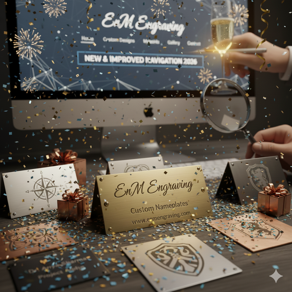 Celebrate 2026 with EnM Engraving! Discover our redesigned website with improved navigation, explore our custom engraved nameplates, badges, and industrial tags, and start the year with personalized, professional products.