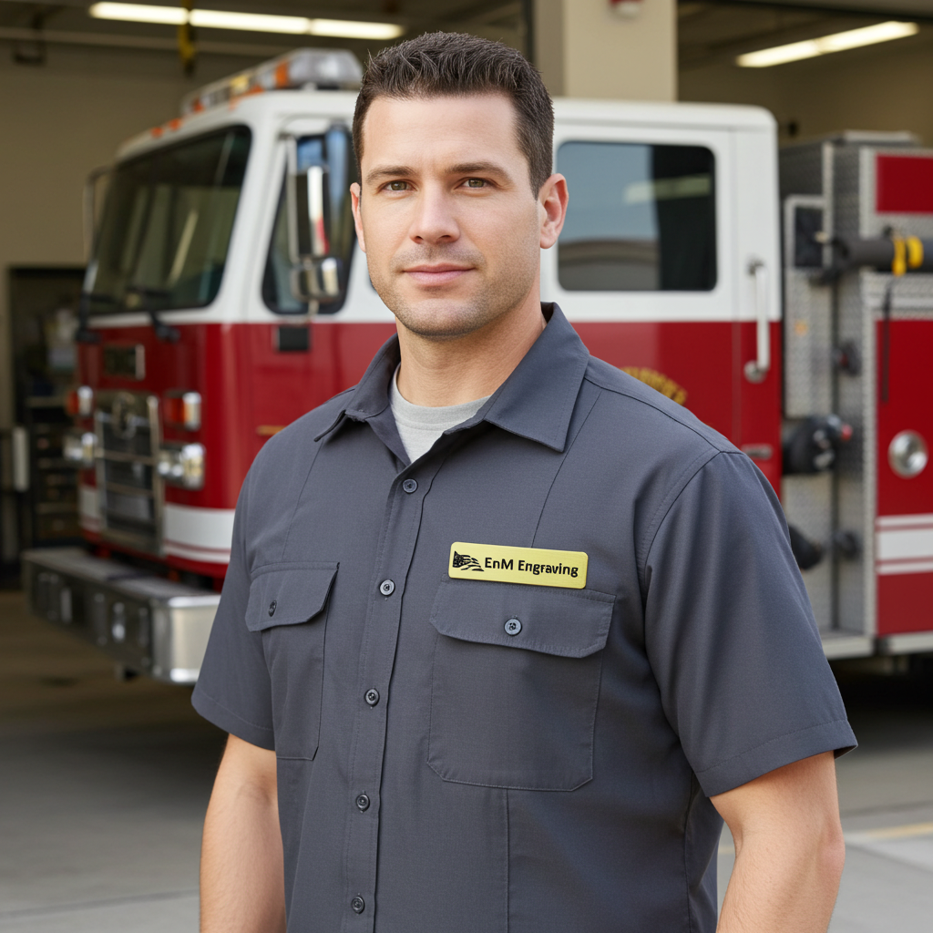 Firefighter wearing name badge made by enmengraving