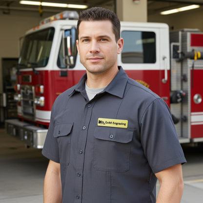 Firefighter wearing name badge made by enmengraving
