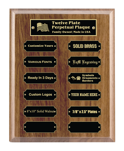8"x10" 12 Plate Perpetual Plaque, Solid Walnut, Solid Black Color Brass Plates, Custom Engraved - enmengraving