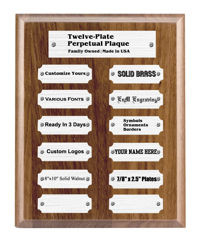 8"x10" 12 Plate Perpetual Plaque, Solid Walnut, Solid Silver Color Plates, Custom Engraved - enmengraving