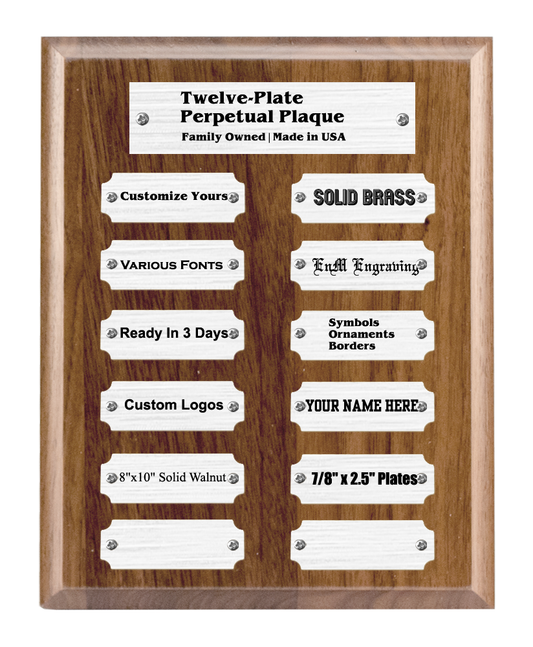 8"x10" 12 Plate Perpetual Plaque, Solid Walnut, Solid Silver Color Plates, Custom Engraved - enmengraving
