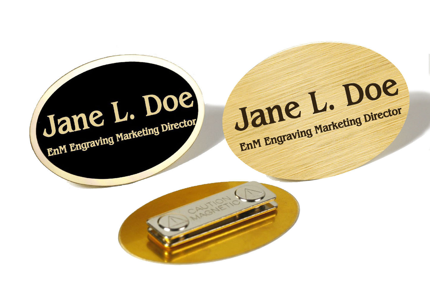 Oval Brass Name Badge, Magnetic Closure - enmengraving