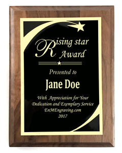 6"x8" Award Plaque, Solid Walnut, Solid Black Color Brass Plates, Custom Engraved - enmengraving