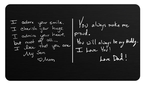 Handwriting Message Cards, Wallet Cards, Prayer Cards, Personalized Laser Engraved Matte Black Aluminum - enmengraving