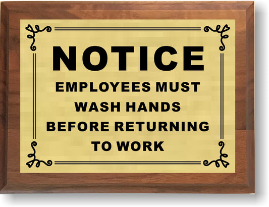 6"x8" Employees Must Wash Hands Sign, Solid Walnut Cove Edges, Solid Metal Plates, Restaurant Sign - enmengraving