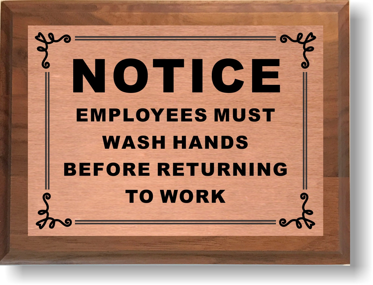 6"x8" Employees Must Wash Hands Sign, Solid Walnut Cove Edges, Solid Metal Plates, Restaurant Sign - enmengraving